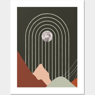 Mid-century modern artwork of moon with arches and mountains. Sun & Moon Artwork With mountains. Boho art of moon at night and terracotta mountains. Posters and Art